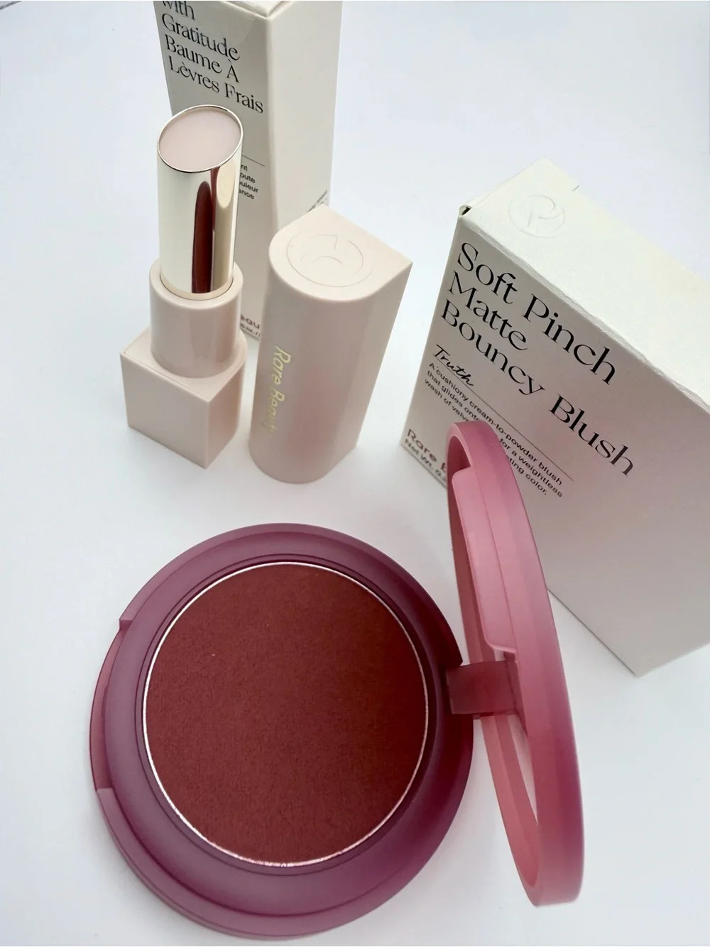 Rare Beauty Soft Bouncy Blush in TRUTH + With Gratitude Dewy Lip Balm in HONOR